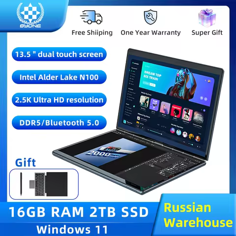 BYONE 13.5 Inch Dual Screen Touch Laptop 2.5k UHD 9000mAH DDR5 16GB RAM 512 GB 1TB 2TB SSD 180° Fold