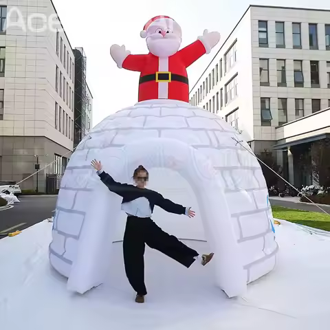 Inflatable Snow Igloo Tent with Waving Santa Claus on Top Inflatable Ice Igloo Playhouse for Christm