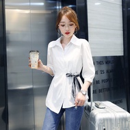 White Shirt Women's Korean-style Tight-waist Seven-sleeve Shirt