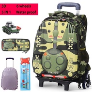 [5 IN 1]3D water proof tahan detachable camo tank-shape primary school boy kids child children students 6 wheels trolley backpacks bags beg troli roda beroda for pelajar sekolah rendah kanak kanak budak lelaki in std 1 2 3 4 5 6