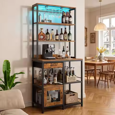 67.7" Tall Bar Cabinet with Power Outlets & Storage, Living Room Kitchen Home Furniture, Customized
