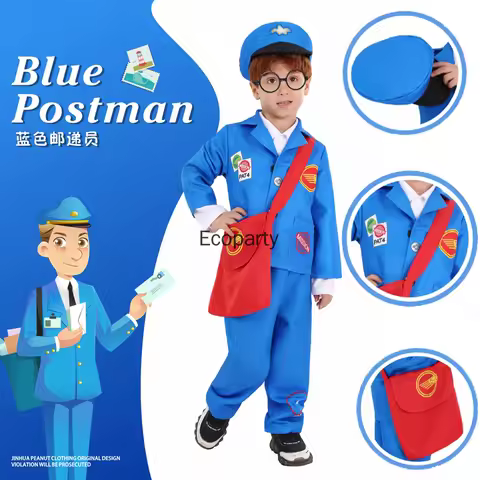 Children Delivery Man Postman Cosplay Costume Boys Girls Blue Postman Uniform with Hat Bag Set Kids 