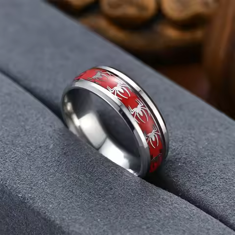 Red Personalized Couple Tungsten Carbide Ring with Spider Pattern Dome Edge,Comfortable Fit, Fashion