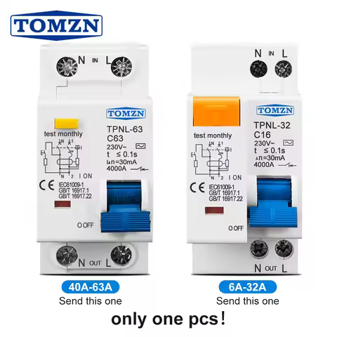 TOMZN DPNL 1P+N 6A 10A 16A 20A 25A 32A 63A 230V~ 50/60Hz Residual Current Circuit Breaker Over Curre