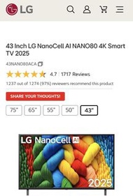 全新行貨 43吋 LG Nano80 4K AI 電視