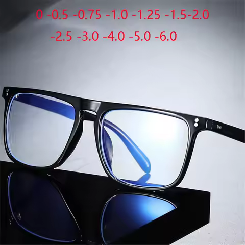 Blue Light Blocking Square Myopia Glasses Finished Unisex Retro Black Frame Student Prescription Spe