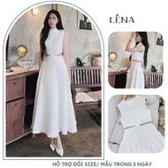 Long white midi dress with cut-out waist for a youthful and luxurious party LENA 3048