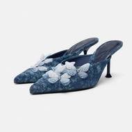 Zara2024 Early Spring New Style TRF Women's Shoes Sea Blue Butterfly Ornaments Slingback High Heel Mules Baotou Sandals Slippers