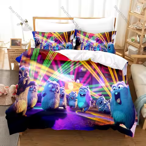 Cartoon Collage Grizzy Bear and Naughty Lemmings Comedy Scene 3PCS Bedding Duvet Cover + 2 Pillowcas
