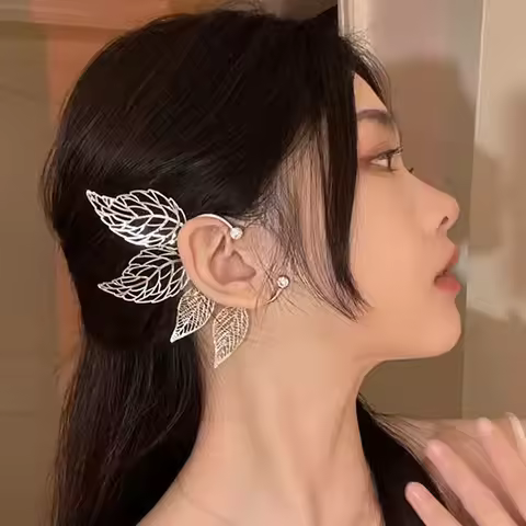 1Pc Chic Elf Ear Cuff Maple Leaf Hollowed Zircon Leaf Cosplay Fairy Earring Clips for Women Girls We
