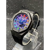 CasiOak GA-2100 in Purple Murakami Facedial and Rainbow Index in Frosted Black Bezel and Black Rubbe