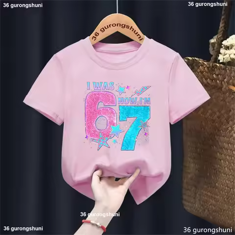 7th Birthday Gift T-Shirt Colorful I Was 6 Now I Am 7 67meme Printed T Shirt Girls Funny Kids Clothe