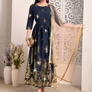 Gold Floral Print Contrast Mesh Hem Dress Style Indian