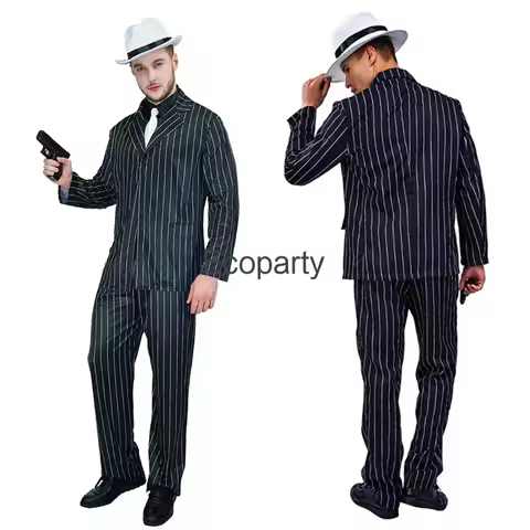 New Halloween Men's Gangster Cosplay Costume Deluxe Slim Striped Suit Jacket Pants Suit Carnival Maf