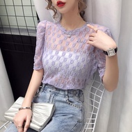 2022 version of retro hollow lace scheming see-t2022 Korean version retro hollow lace Top scheming Perspective Short-Sleeved Fashionable Women's Small Shirt isn Trendy wh24421