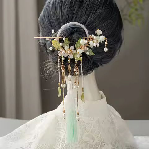 Pearl Tassel Hair Stick Set with Flower Hairpin Chinese Style Hanfu Clothing Chopsticks Hair Styling