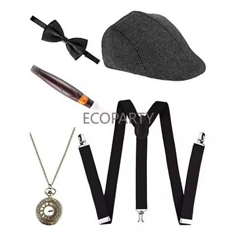 1920s Men's Gatsby Gangster Costume Accessories Set 30s Manhattan Gangster Beret Y-Back Suspender Ha