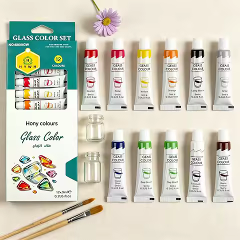 12 Color Glass Painting Pigment Set,9ml Tube Waterproof Transparent Glass Color Paint For Diy Glass 