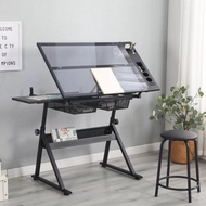 Drafting glass table with extra side table drawers and leather padded stool