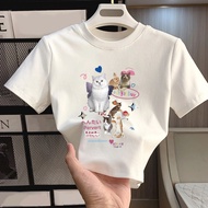 Angel Cat Print Women's White Korean Cotton Stretch Crop Top Crew Neck Soft Fitted H0015