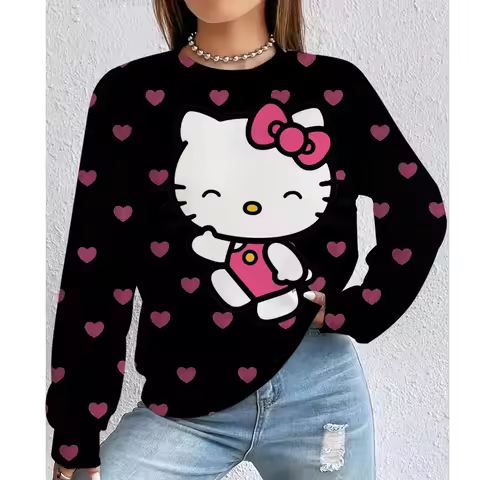 Hello Kitty Polka Dot Sweet Round Hoodie Women Light Pink Y2K Fashion Pullover Harajuku Classic Cart