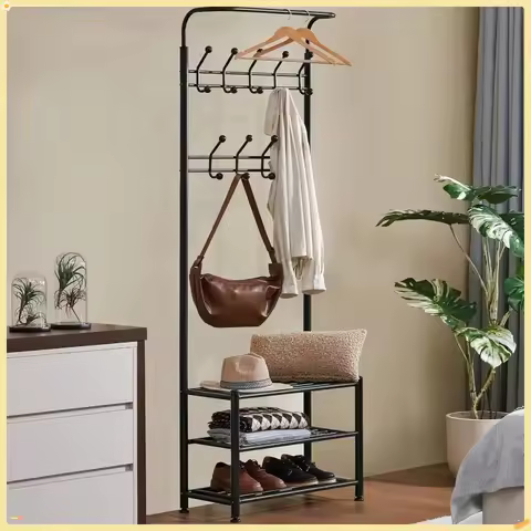 3-in-1 Coat Rack Shoe Bench, Entryway Hall Tree with 18 Hooks and 3-Tier Shoe Storage Bench, Metal C