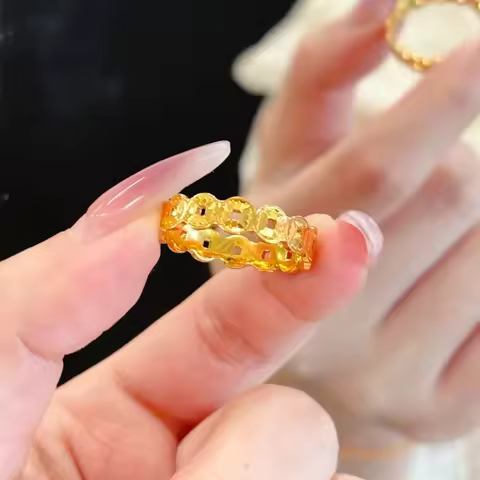 Women's Coin Ring, 24K Gold, AU999 | "Stability" engraving with coin patterns, subtle professional e