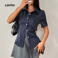 (Casual) Lovito Striped Button Front Round Blouse for Women LBL23387