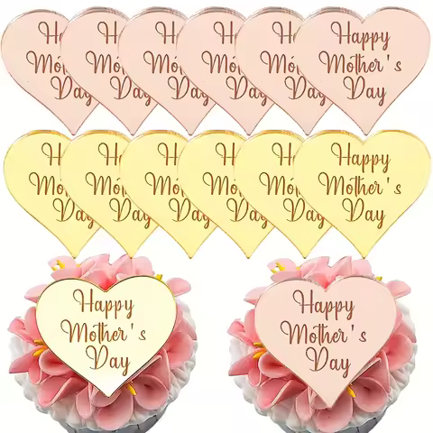 10pcs RoseGold Happy Mother's Day Heart Cupcake Topper Acrylic Cake Decorating Baking Tools Party Su