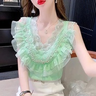 [40-77kg] 2023 Summer French Heavy Industry Beaded Sweater Women's Vest Ruffled Top