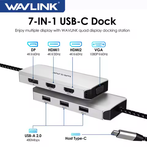WAVLINK USB C Laptop Docking Station 4 Monitors 7-IN-1 Multiport Adapter with Dual 4K HDMI 4K DP VGA