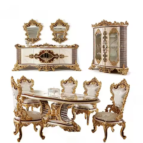 Empire Square Teak Solid Wood Luxury Baroque European Oval 6 Seat Dining Table Set Hand Carved Royal