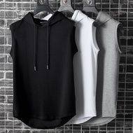 [Ready Stock] Men Hoodie Singlet Plain Tank Sleeveless Top Vest Plain Casual Sports Gym Drawstring H