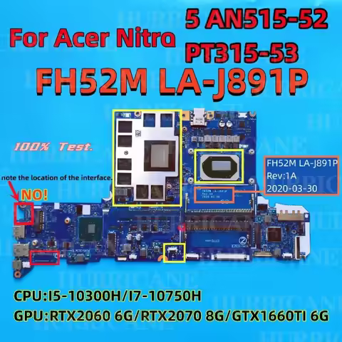 LA-J891P For Acer Nitro 5 AN515-52 PT315-53 Laptop Motherboard With I7-10750H/I5-10300H RTX2070 8G/R