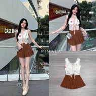 Pimala เซ็ตเสื้อแขนกุดขอบลูกไม้น่ารักมากกผูกหน้าเข้าหากันปักลายคมชัดที่โทนสีคุมโทนน่ารัก