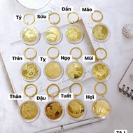 Coin keychain engraved with 12 lucky feng shui zodiac animals.