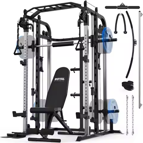 Smith Machine, Multifunctional Power Cage Rack with Smith Bar and Cable Pulley System, and LAT Pull 