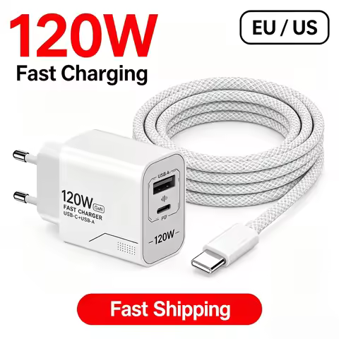 120W GaN 2‑Port USB‑C Wall Charger US/EU Plug PD Quick Power Adapter for iPhone Samsung Xiaomi Andro
