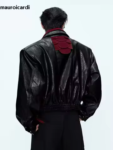 Mauroicardi Spring Autumn Patchwork Short Snakeskin Print Pu Leather Jacket Men Luxury Brands Origin