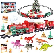 Christmas Train Set for Under/Around Christmas Tree,Electric Toy Train with Lights,Real Smoke,Sound,Include 4 Cars,10 Tracks,5 Dinosaurs, Battery Operated Holiday Train Xmas Gifts for Kids Boys Girls