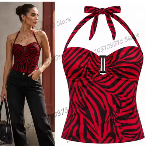 Obsession Nikki Freeman Halter Top for Women, Cielo Mesh Halter Top Red Zebra Top, Horror Movie Cosp