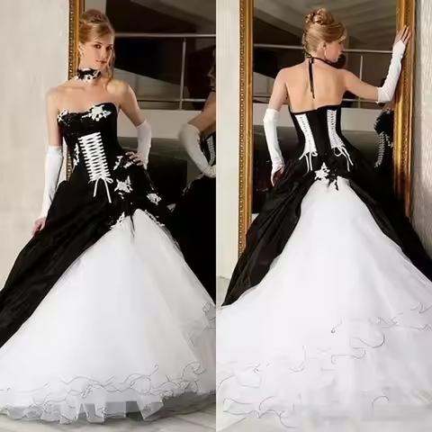 Customized Vintage Black And White Wedding Dresses Ball Gowns Hot Sale Lace-Up Corset Victorian Goth