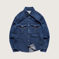 เสื้อเชิ้ตลายดอกไม้สไตล์ย้อนยุคสไตล์อเมริกันย้อนยุค RRL Denim Blue Dye Western Shirt Cotton 100% ทรง