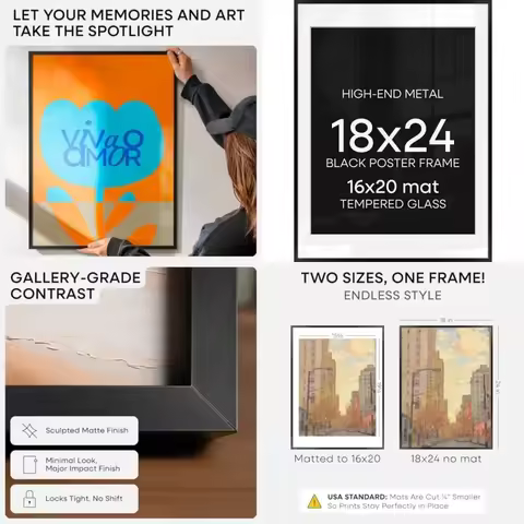 18x24 Poster Frame Black, High End Metal 18 x 24 Picture Frames with Mat 16 by 20 inch Photo, 18x24 