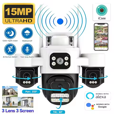 iCsee 15MP 3-Lens PTZ Camera 3-Screen Outdoor WiFi IP Cam with Auto Tracking - IP66 Waterproof & 2-W