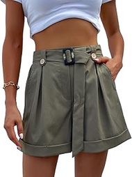 Women's Shorts with Pockets, Summer, High Waist Shorts with Removable Belt with Button Decoration, C