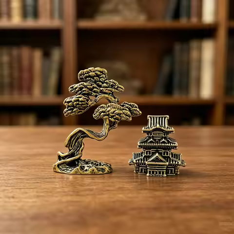 2 Exquisite Brass Miniature Sculptures for the Welcoming Pine Pavilion, with a Zen-like Chinese Styl