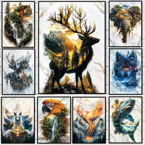 Abstract Jungle Animals Avatars of Nature Mountain Poster Deer Wolf Tiger Lion Owl Canvas Painting W