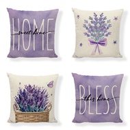 [READY STOCK][Single Side] 1 Piece Linen Pillow Case Purple Lavender Flower "Bless Our Home" Sofa Cushion Cover 40x40/45x45/50x50/60x60/70x70cm Decoration Bedroom