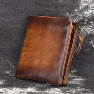 Dompet Lelaki Vintage Berzip Berganda dalam Kulit Asli Lembu, Dompet Syiling Kasual Lelaki Lapisan A